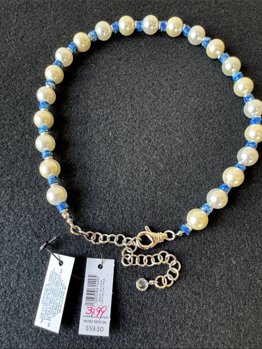 Chico's White Pearl Beads, blue & silver crystal spacers accents Necklace